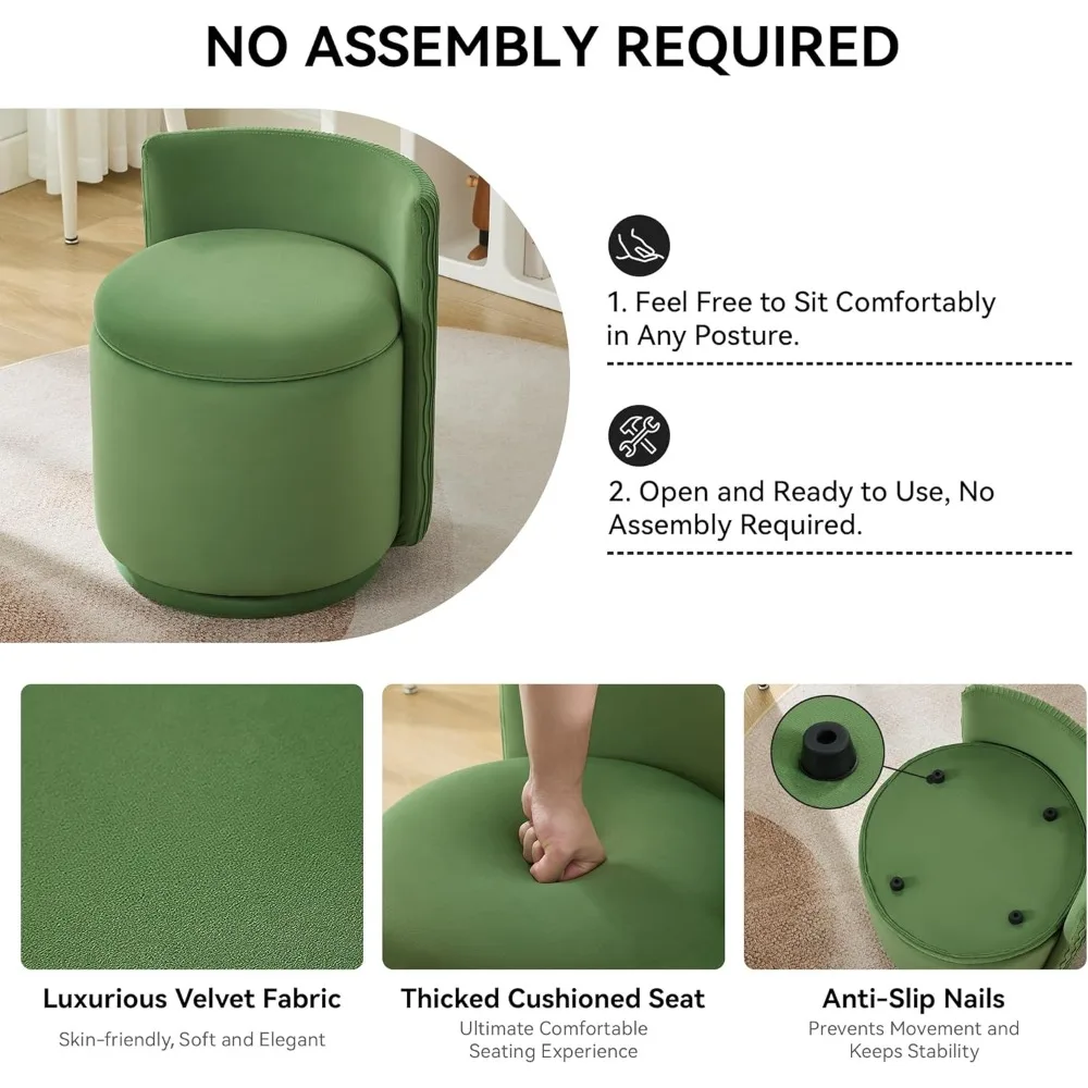 كرسي فانيتي مع مساحة تخزين، 360 ° كرسي مكياج دوار مع ظهر مموج، بدون تجميع مقعد صغير لغرفة النوم والخلع الملابس #4