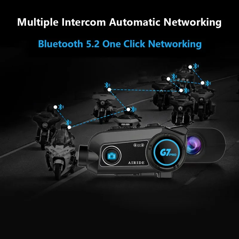 AIRIDE G7 PRO Helmet Bluetooth Headset for Motorcycles Front and Rear Dual 2K Camera Driving Recorder Wireless Intercom Earphone