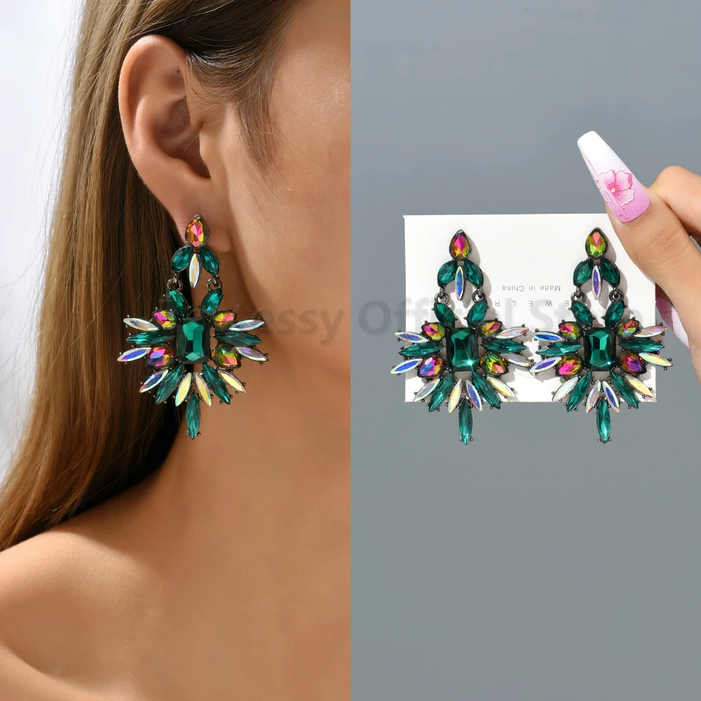 Trend Rhinestone Big Dangle Earrings For Women Vintage Luxury Exaggerated Geometric Statement Jewelry Pendants Party Accessories