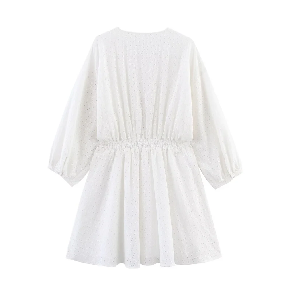 abito corto da donna ampio con scollo a V a maniche lunghe con bottone a fila singola scavato primavera ed estate nuovo stile temp