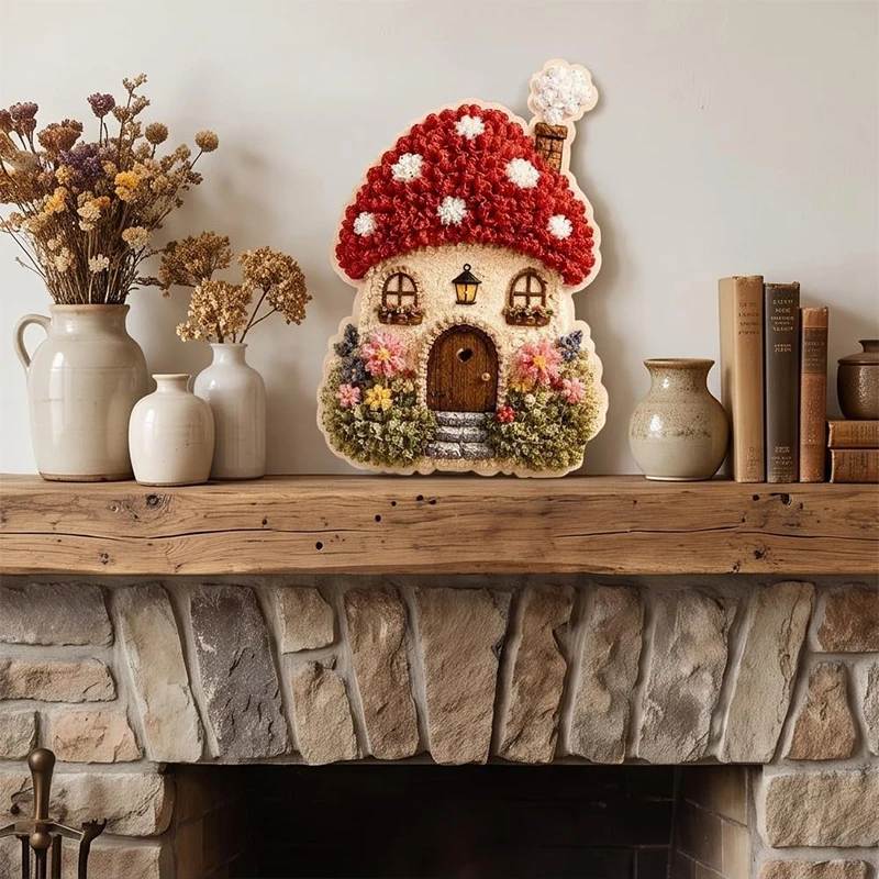 3D Mushroom House Poke Art DIY Kit Fabric Punch Needle Embroidery Set Hand‑Making Craft Kit with Tool & Colorful Yarn Home Decor view 5
