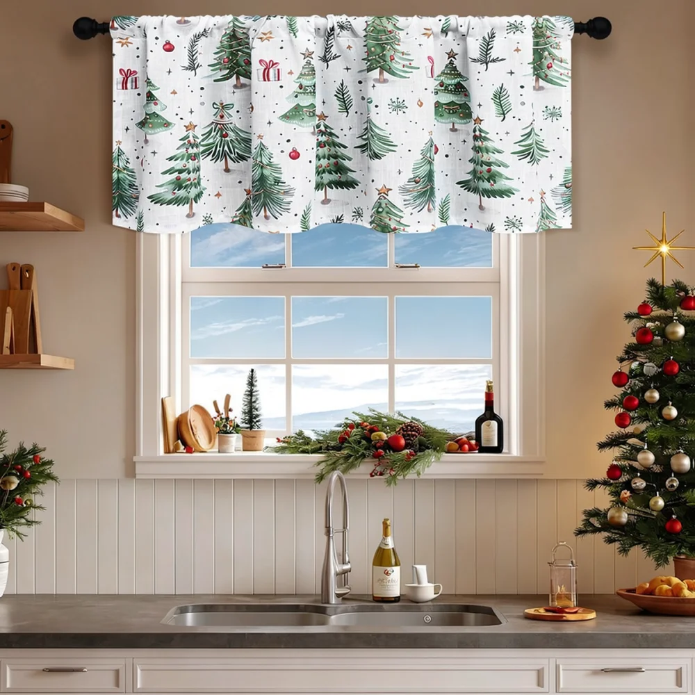 Christmas Forest Print Valance Rod Pocket Kitchen Short Curtain Privacy Blackout Shade Holiday Modern Home Decor