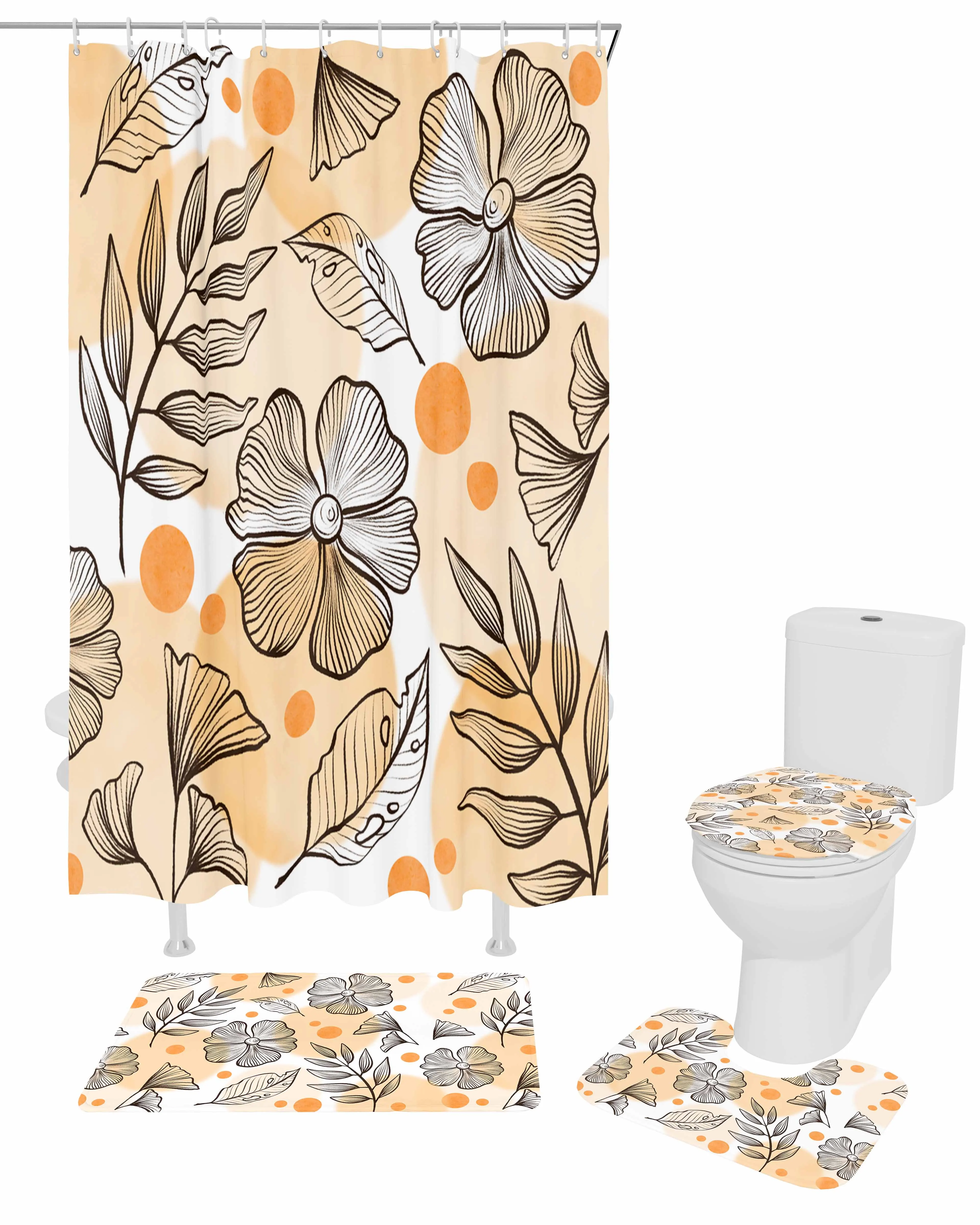 Autumn Flowers Daisy Shower Curtain Set Non-Slip Rugs Bath Mat Toilet Lid Cover Waterproof Bathroom Curtain