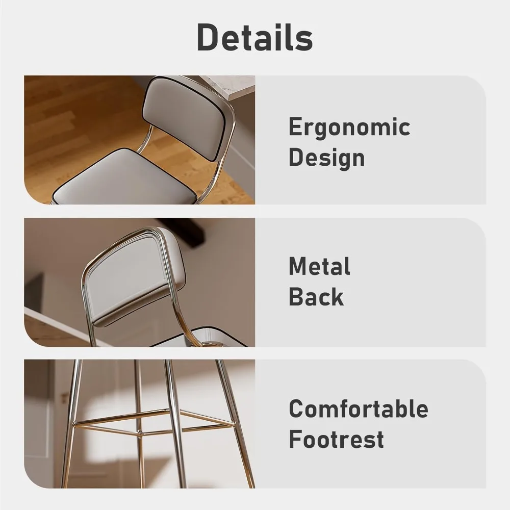Juego de 2 taburetes de bar modernos con altura de mostrador, 26 polipiel gris con patas de metal plateado, reposapiés, cocina, isla, comedor C