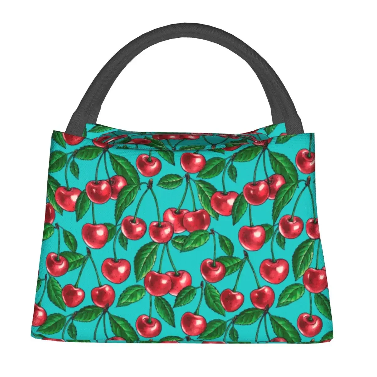 

Red Cherry Lunch Bag Green Leaves Print Leisure Lunch Box For Women Picnic Portable Cooler Bag Oxford Print Thermal Lunch Bags