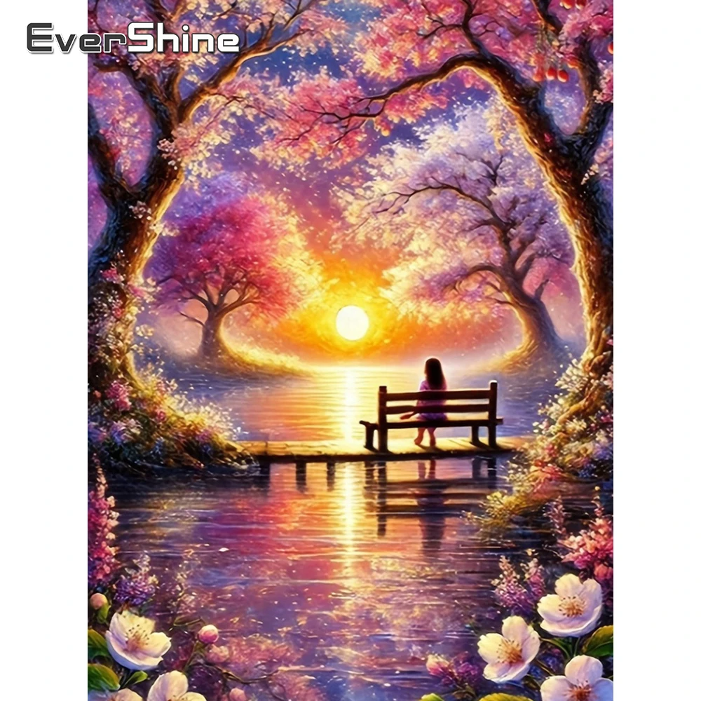 Evershine Diamant-Mosaik Kirschblüten Vollquadratische Stickerei Landschafts-Strass-Bild Malerei Sonnenuntergang Kindergeschenk