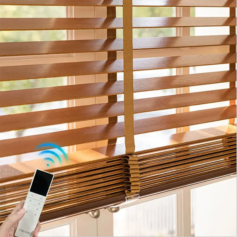 Modern Electric Faux Wooden Venetian Blinds Rechargeable Motor Remote Control Custom Size Wood Blinds For Bedroom Office
