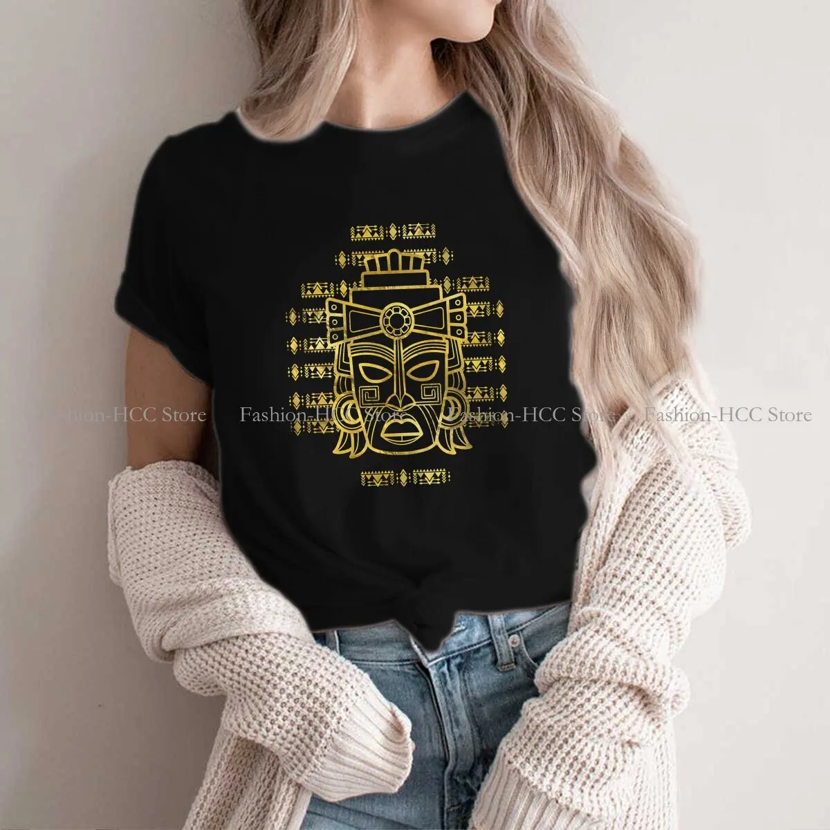 Gold  Aztec Inca Mayan Mask Unique Polyester TShirt Aztec Abstract Art Comfortable Hip Hop T Shirt Stuff