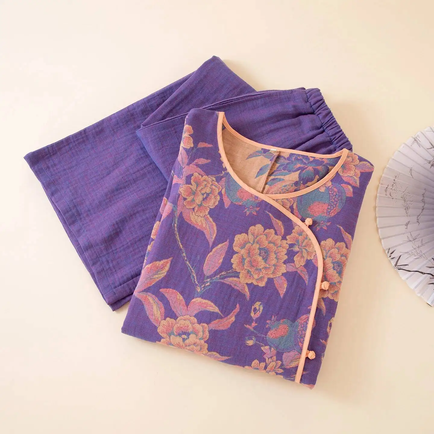 

National Style Cotton Pamas For Women Spring And Autumn Thin Long Pants Middle-Aged Purple Color Home Pyjamas Set