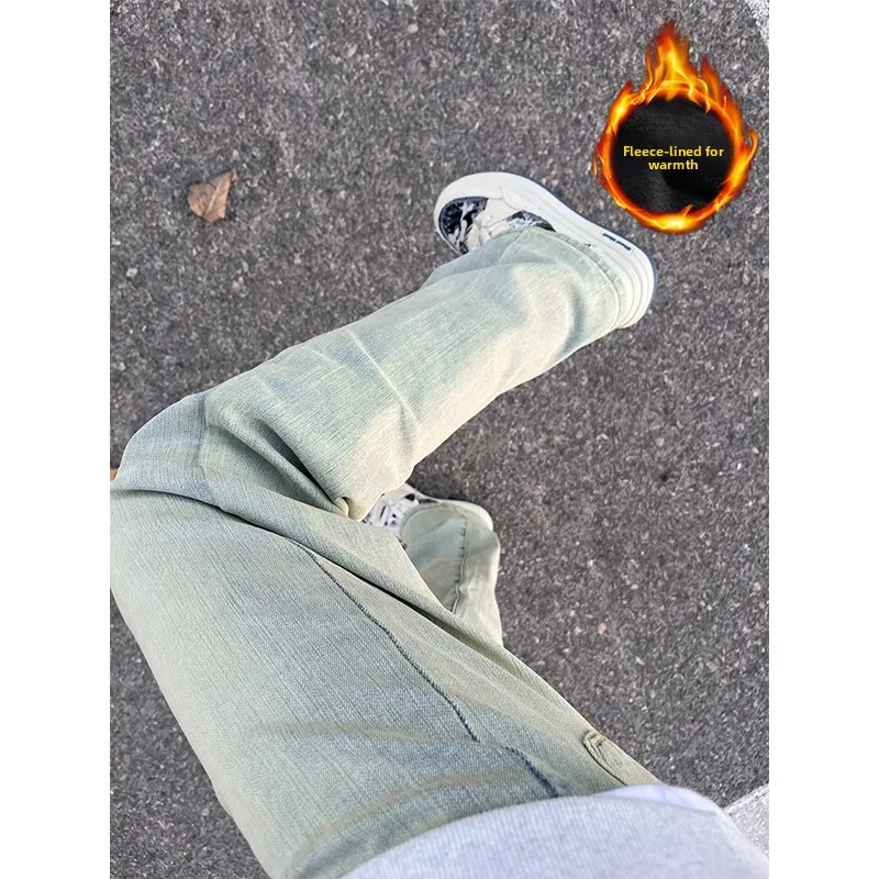 

Мужские джинсы Thiened Fce Lined, желтые, цвета охры, прямого кроя, длинные брюки, зимние, в стиле High Street, CleanFit, американский стиль, Slim Fit