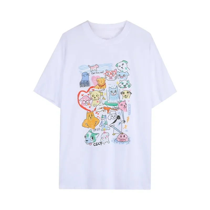 Fun Cartoon Painted Print Loose Casual All-matching Short sleeve T-shirt Cool Street T-Shirt Soft Clothes Vintage O-Neck Tshirt