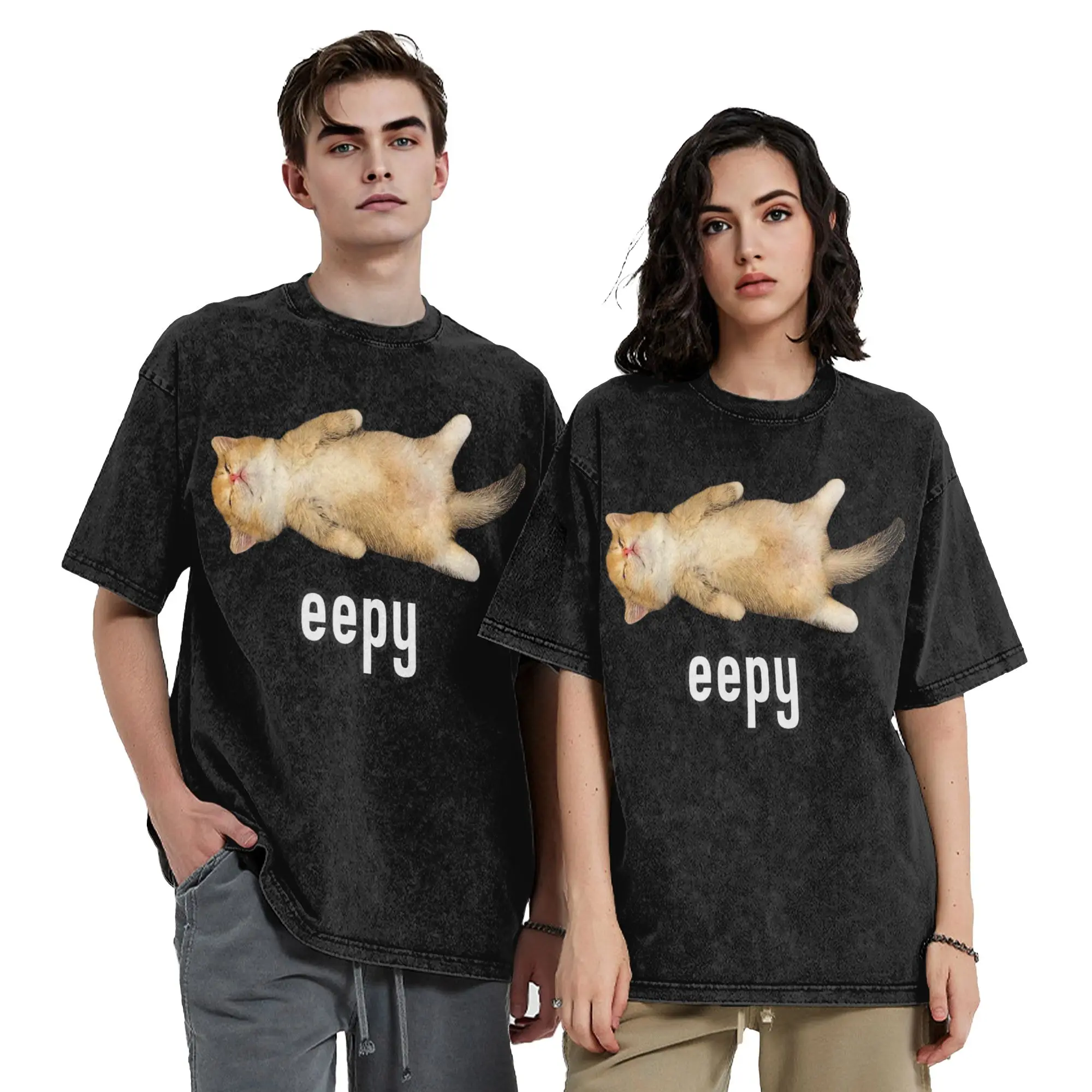 Eepy Cat Silly Sleepy Cat Meme Washed T Shirts Streetwear  Vintage T-Shirt  Tee Shirt for Men Women 100% Cotton Oversize Summer