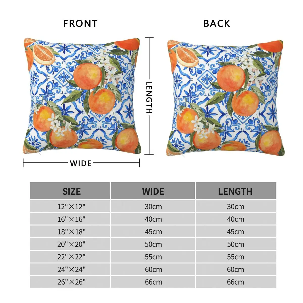 Mediterranean Oranges Blue Tiles Square Pillowcase Polyester Linen Velvet Pattern Zip Decorative Throw Pillow Room Cushion Cover