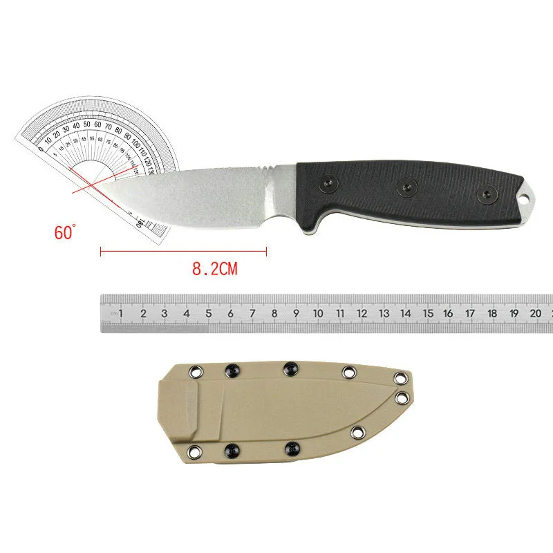 Tactical Fixed Blade Knife Stonewashed Plain Edge Black G10 Handle Combat Military EDC Outdoor Hunting Survival Straight Knives