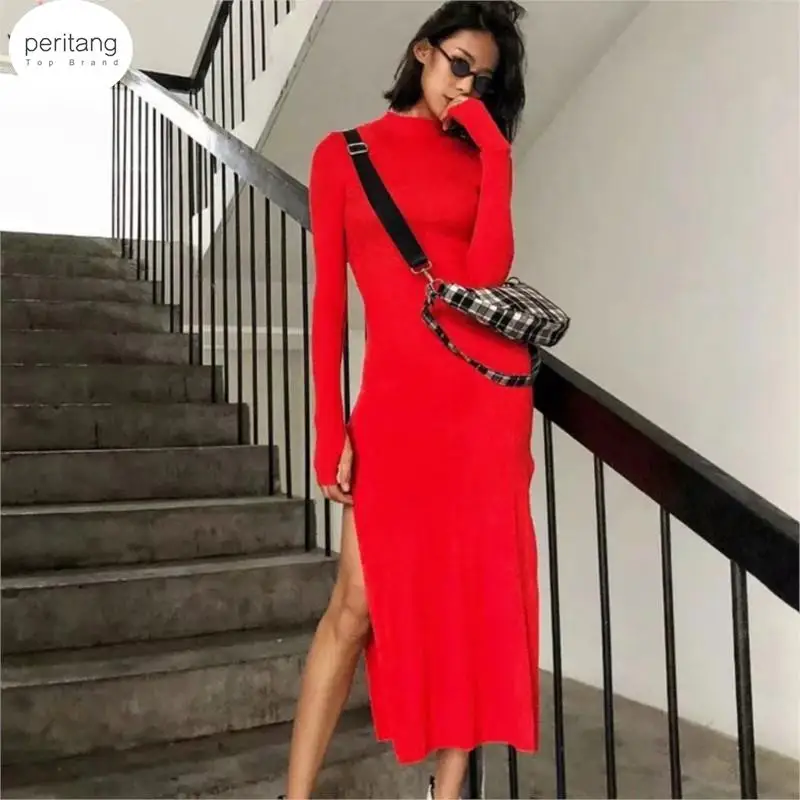 

Women's Dress Kintted Long-Sleeved Sexy Round Neck Solid Stretch Long Dresses for Women Slit Female Midi Party Robe Female