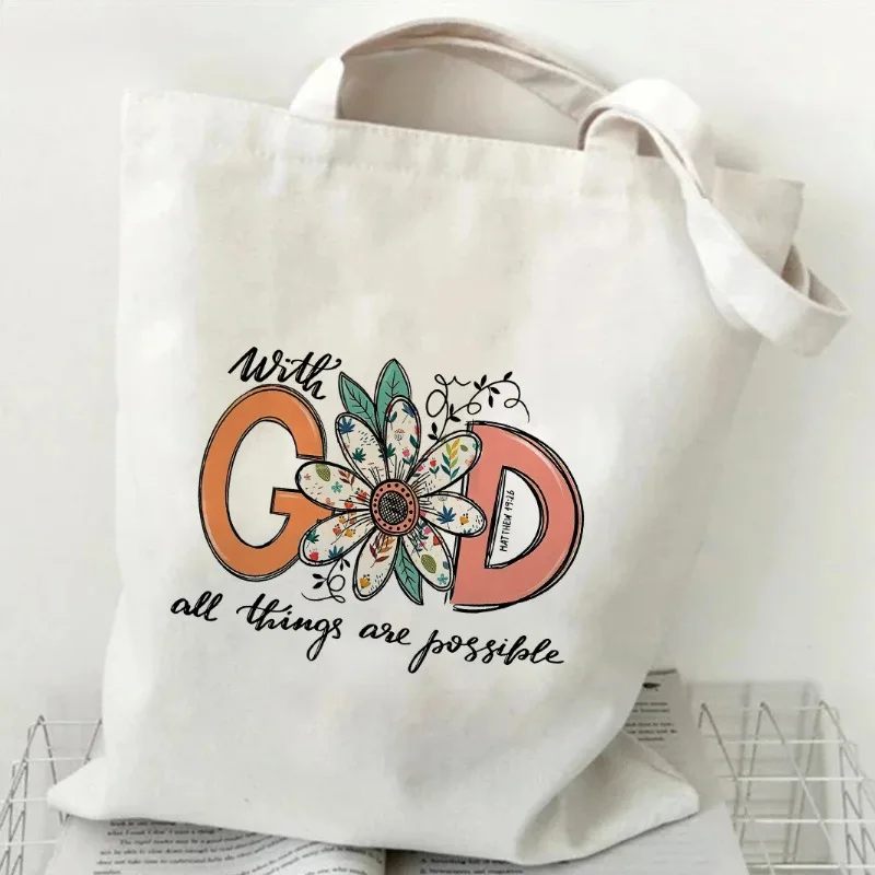"God Is Good"print Canvas Tote Bag Christianity Religious Belief Women Fashion Shopping Bag Vintage Floral Shoulder Handbags