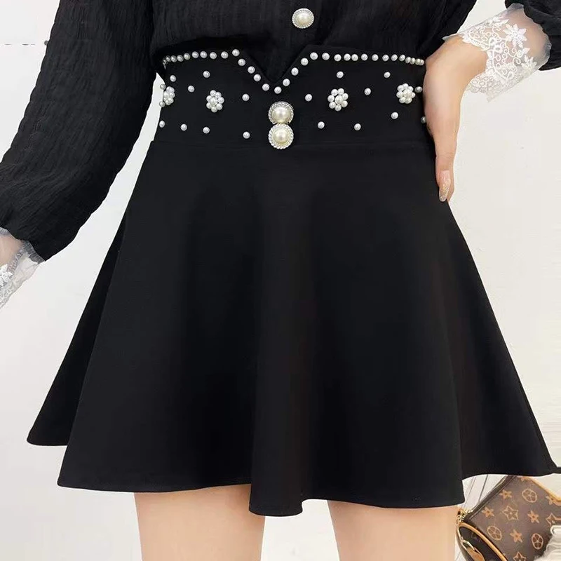 New Chinese Style Heavy Industry Nail Bead Versatile Half length Skirt Women Slim Waist Stylish A-line Short Sun Skirt