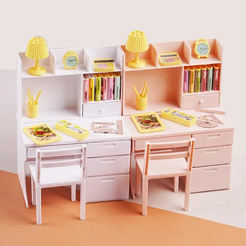 【New】1Set Dollhouse Miniature Classroom Furniture Mini Plastic Desk Chair & 18Pcs School Stationery Supplies Accessories