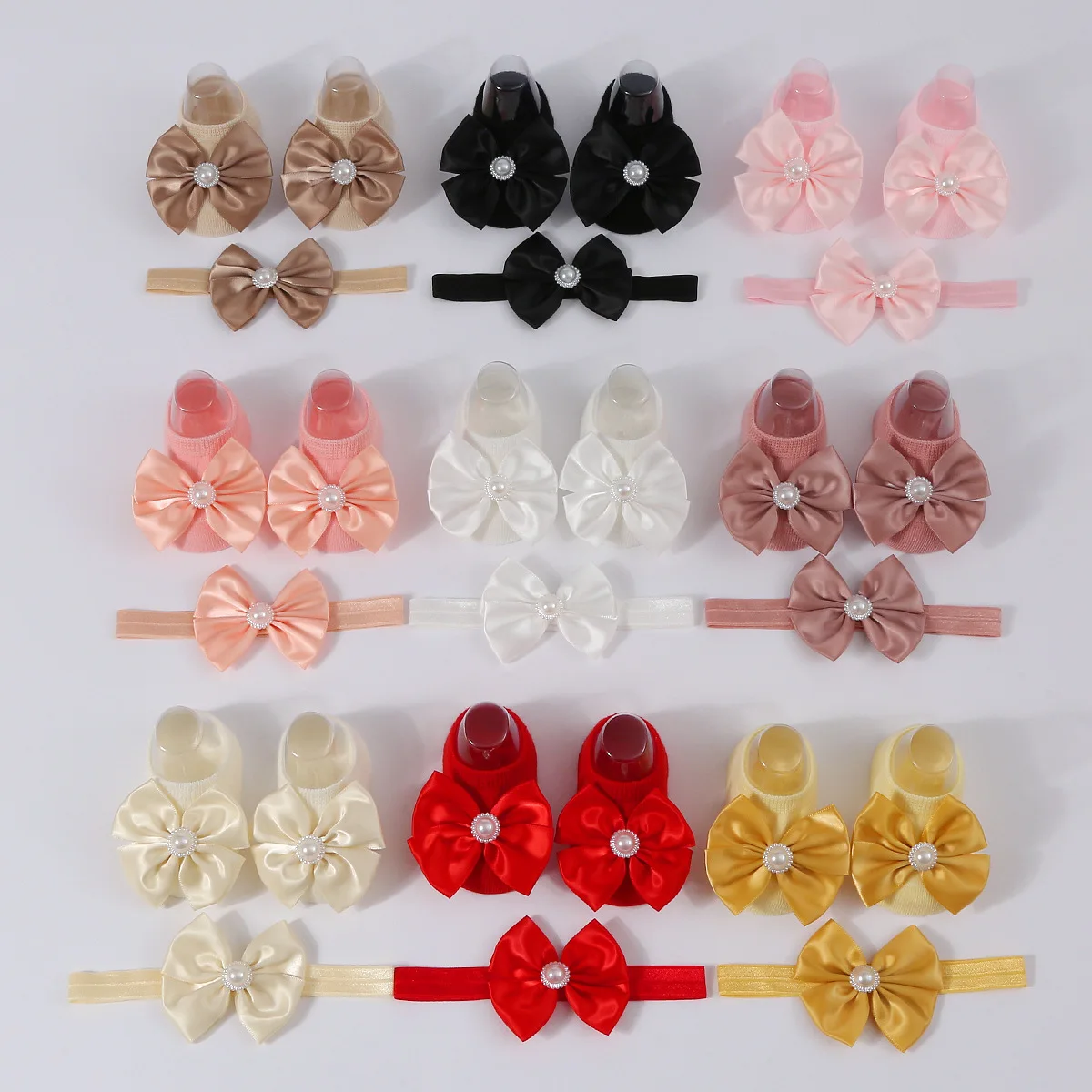 

1Set New Baby Pearl Bowknot Headbands Socks Newborn Toddler Soft Prewalker Sock Girl Infant Cute Knitted Cotton Hairband Socks