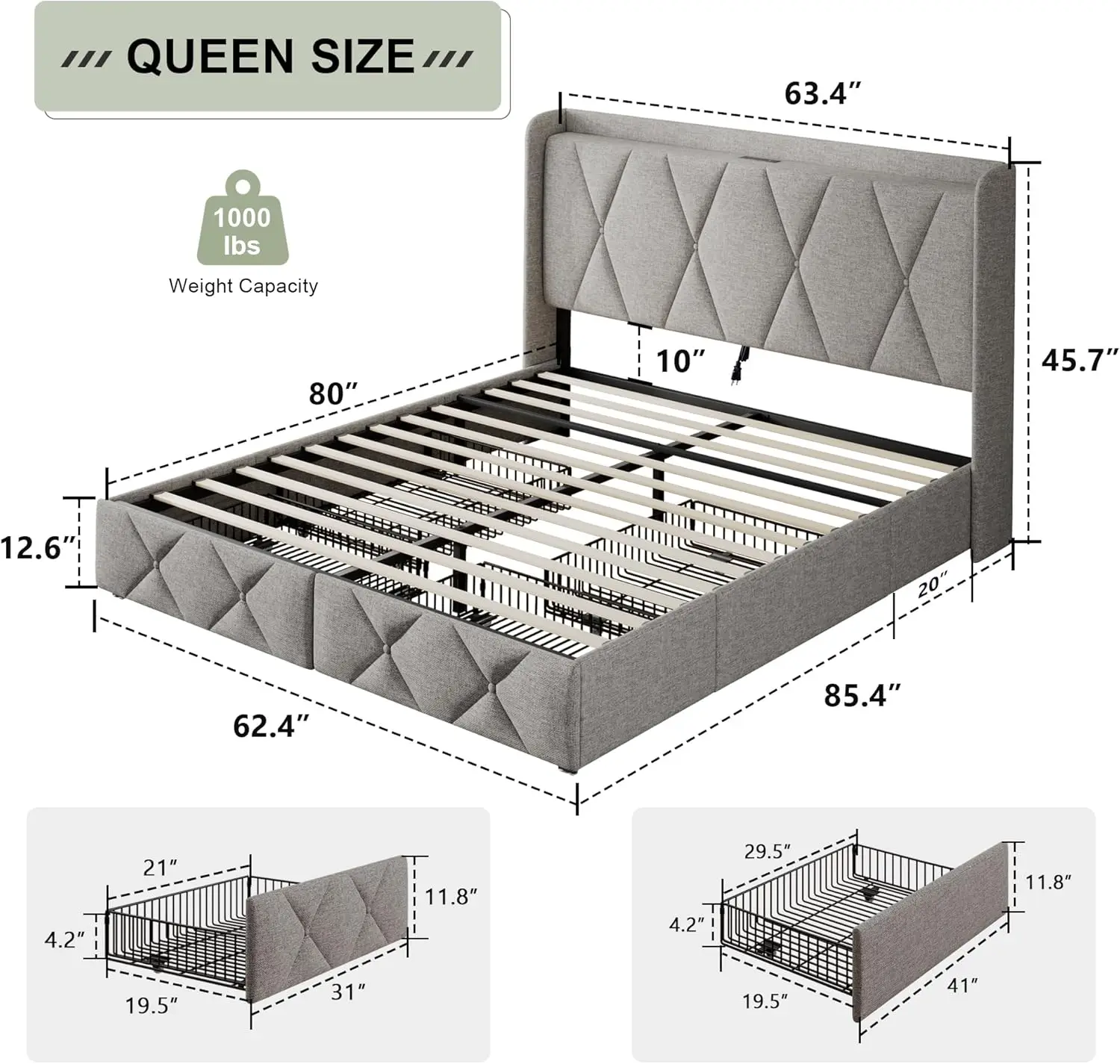 Queen Bed Frame with 4 Storage Drawers, Upholstered Button Tufted Storage Headboard with Fast Charging Station, Heavy Duty Slats