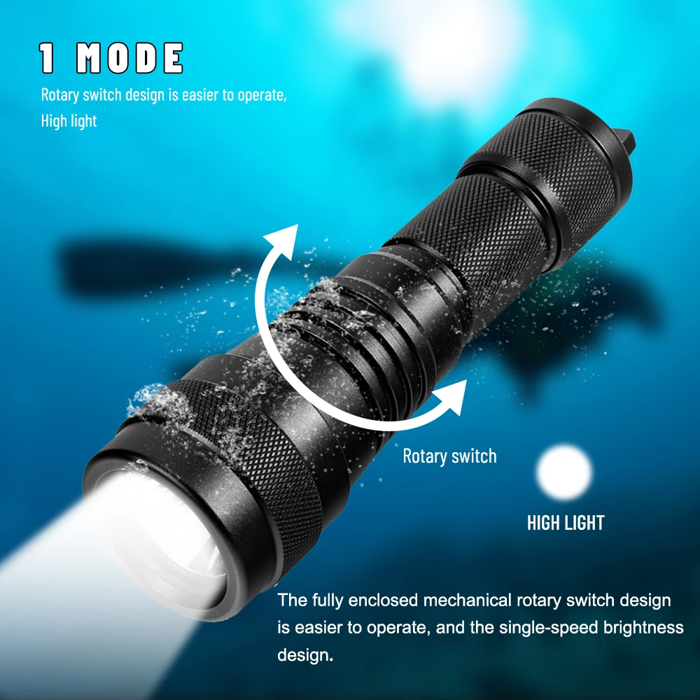 Asafee 150M Deep Diving L2 LED Flashlight 1 Mode 1050LM Rotary Switch 260M Range Scuba Dive Light IPX8 Waterproof Torch