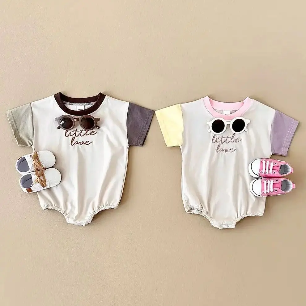 Summer Newborn Bodysuit 0-18M New Baby Boys Clothes Girl Romper Short Sleeved Color Block Letter Embroidery Casual jumpsuit 2024