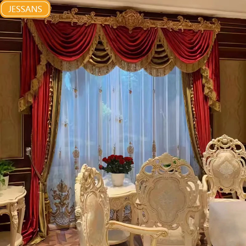 Gold Red Embroidered Window Screen Velvet Splicing Thickened Curtains for Living Room Bedroom French Balcony Villa Valance