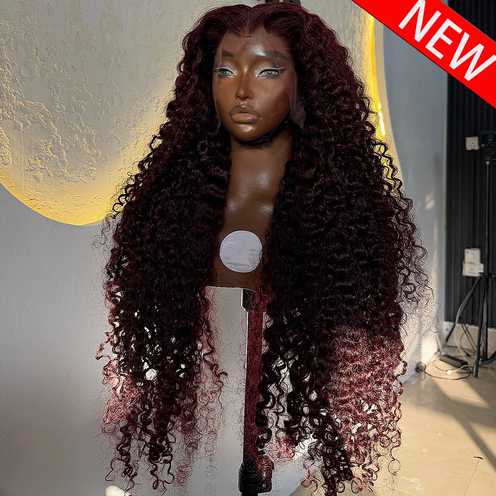 99j Burgundy Jerry Curly Glueless Wig 13x6 HD Transparent Lace Frontal Wigs 16-36 Inch 100% Human Hair 300/400 Density For Women