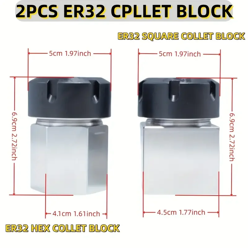 ER25 ER32 Clamp Block Set of 2 Pieces, Square and Hexagonal Work Clamps, Suitable for CNC Lathe Engraving and Cutting Machines