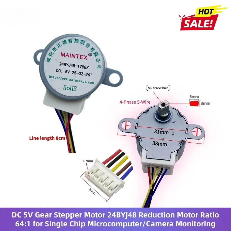 4-Phase 5-Wire DC Gear Stepper Motor 5V 24BYJ48 Reduction Motor Ratio 64:1 for Single Chip Microcomputer/Camera Monitoring