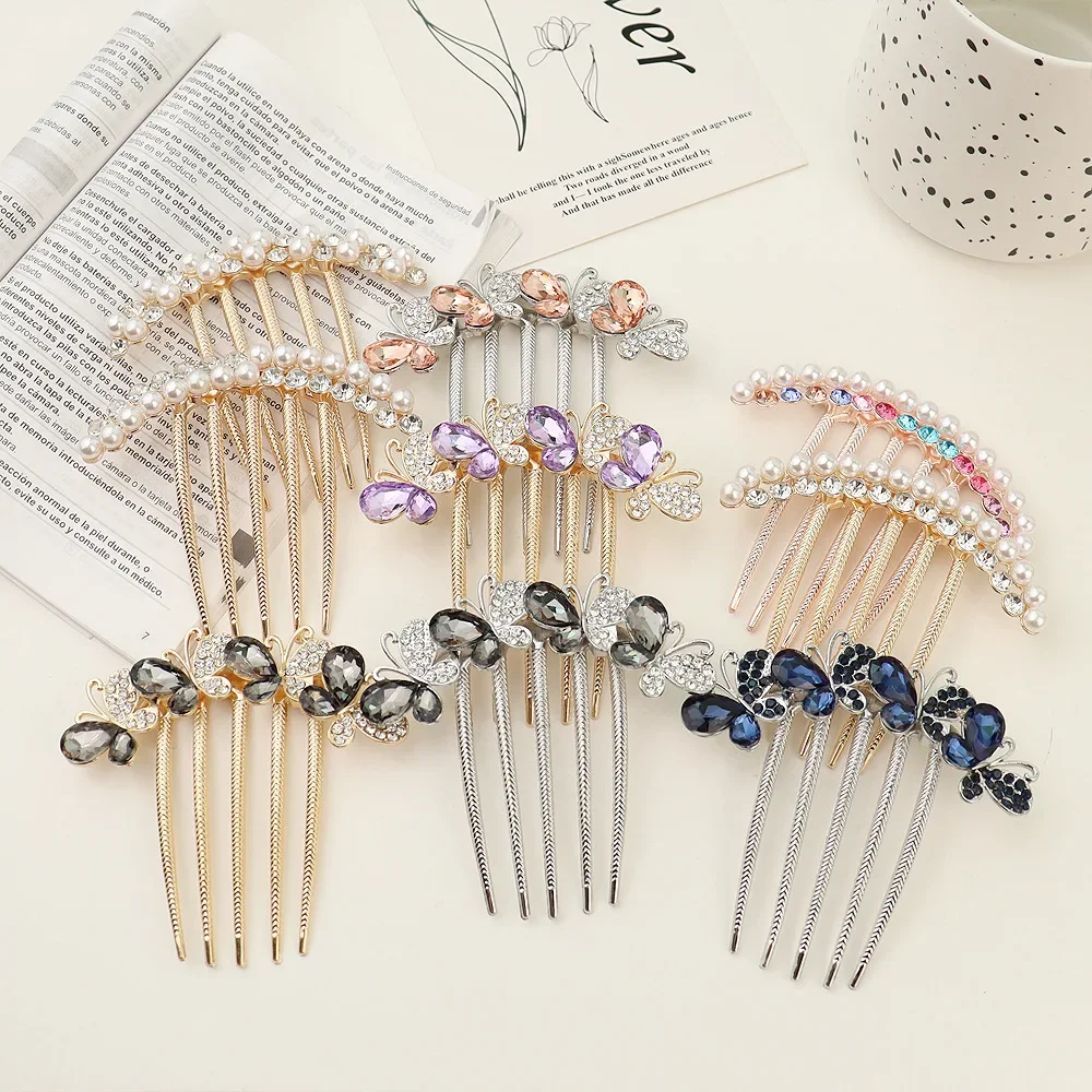 Women Pearl Crystal Hair Comb Fashion Rhinestone Decorative Hair Card Headwear Girls\' Hair Accessories