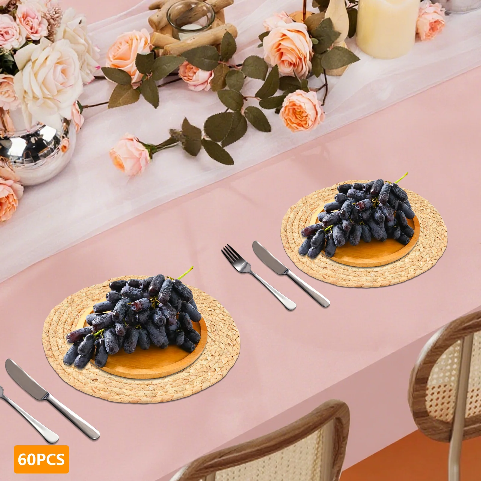 Rattan Charger 60 Pack 30cm, Natural Water Hyacinth Woven Placemats, Heat Resistant 572°F, Non Slip & Durable for Dining Table Protector