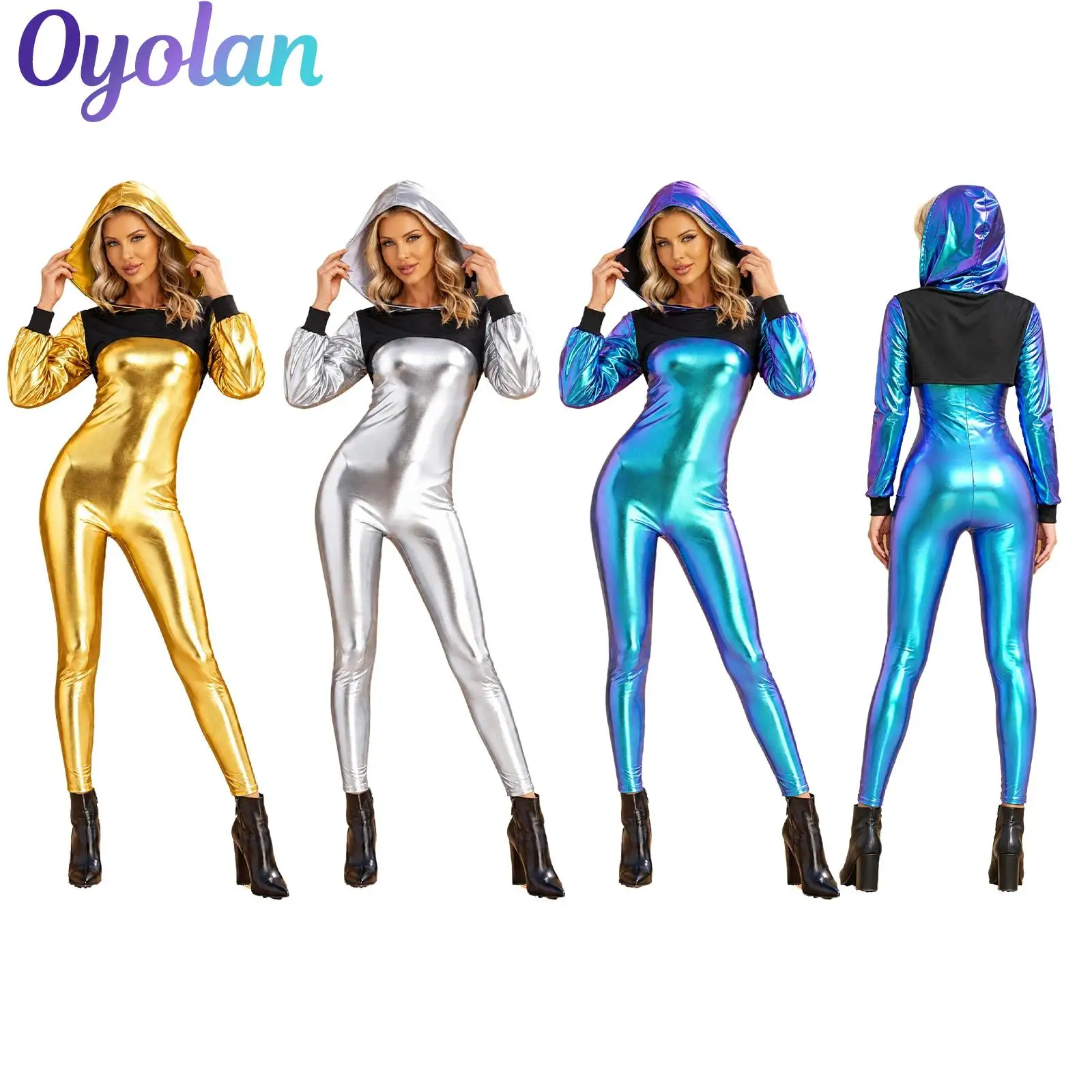 Ladies Matching 2 Piece Jumpsuit Outfit Shiny Wet Look Gold Bodysuit Jumpsuit and Hooded Crop Top Full Length Bodysuit Clubwear