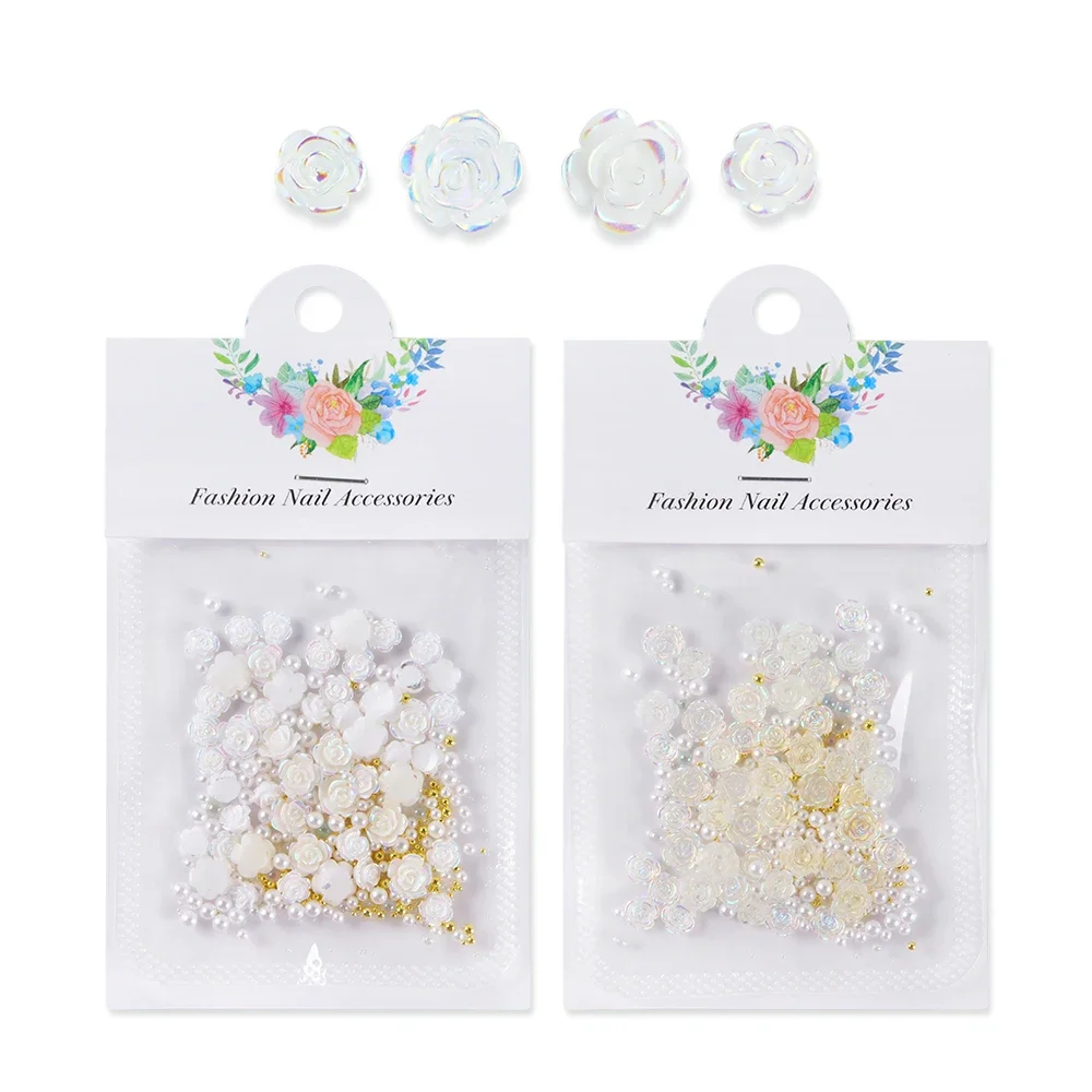 50 pcs/bag Resin Accessories Auroras White Rose Flowers Resin Art Decoration Mixed Beads Mini Bubble DIY Jewelry Making Supplies