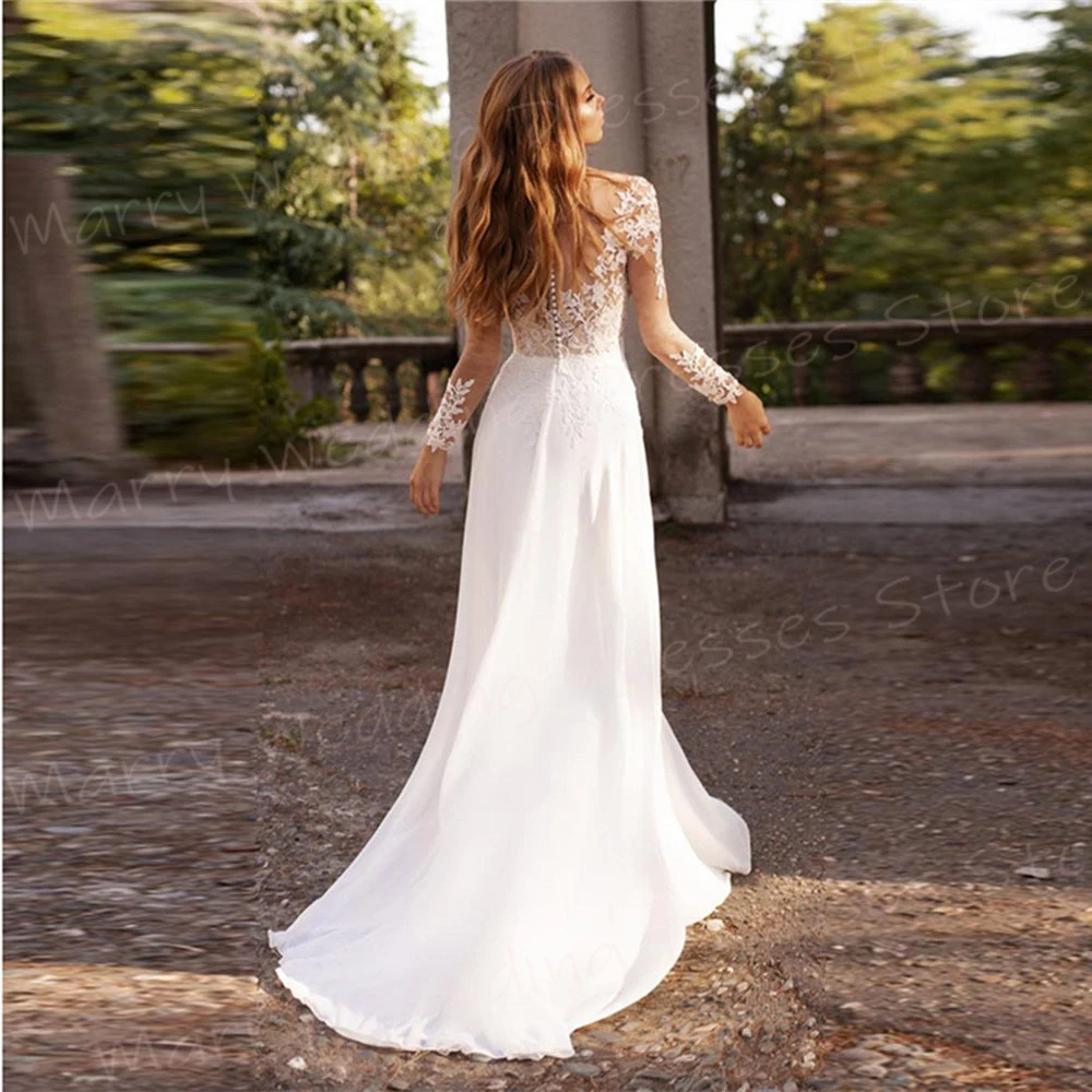 Graceful Pretty A Line Women's Wedding Dresses Beautiful Lace Appliques Bride Gowns Simple Long Sleeve Button Vestidos Femenino