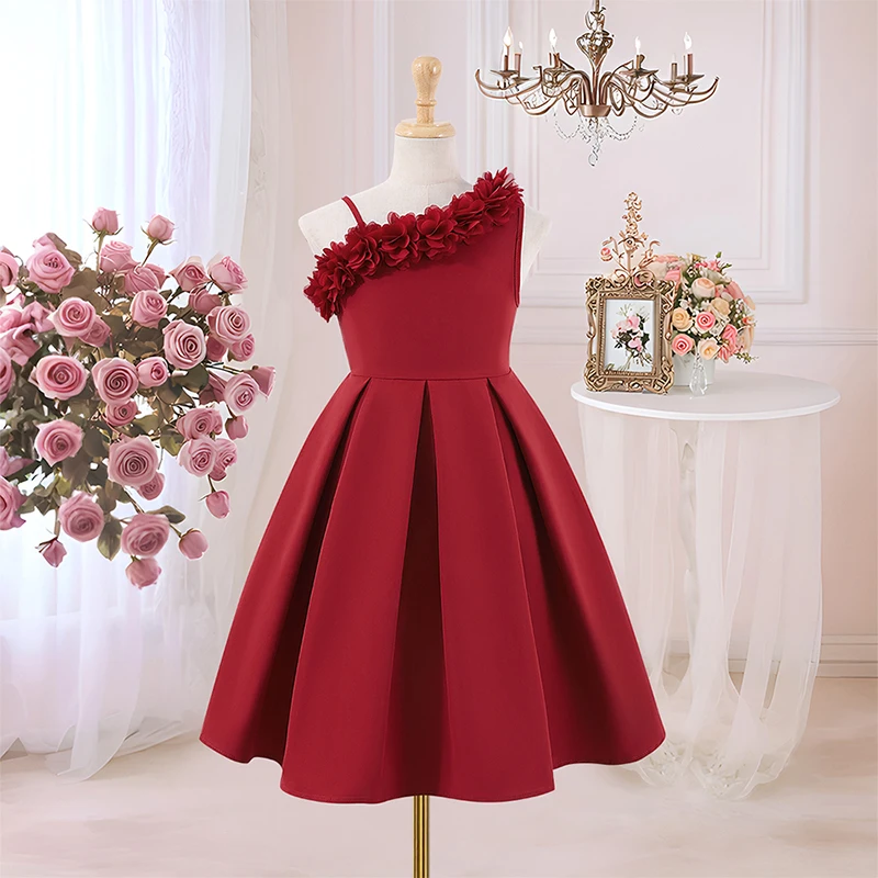 Spring And Summer Women's And Children's Casual Elegant Single Shoulder Suspender Three-Dimensional Flower Fluffy Dress