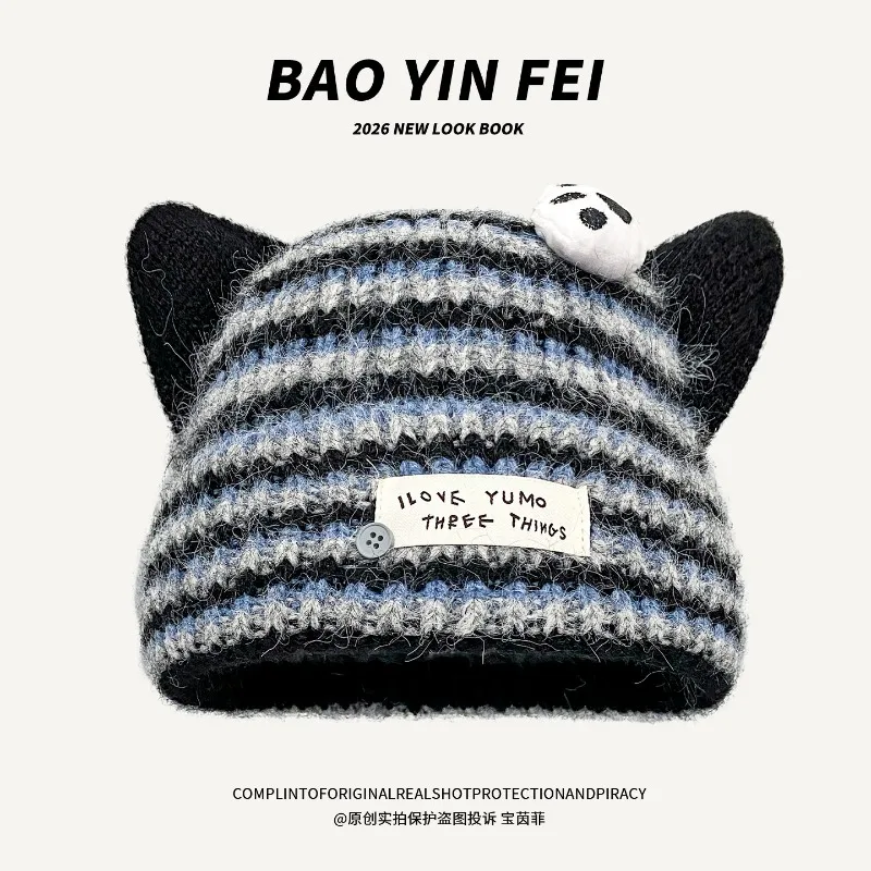 Japanische Cartoon-Strickmütze mit süßen Streifen, Winter-Outdoor-Mütze mit Katzenohren, warme Ohrenschutz-Beanie-Mütze für Damen – Detail 4