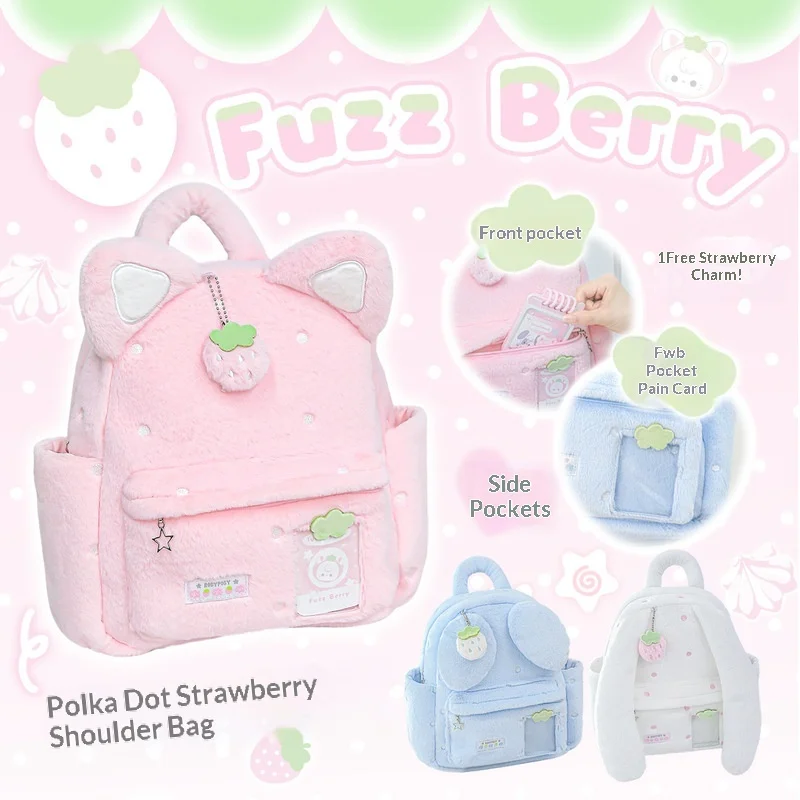 tutu-and-byebye-fuzz-berry-cute-polka-dot-lightweight-plush-backpack-animal-ear-strawberry-charm-for-girls-daily-school