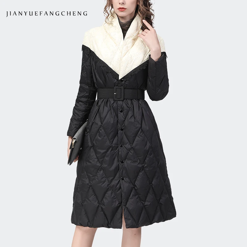 Fashion Women Long Sleeve Winter Down Dress Lace Spliced High Waist A-Line Knee-length Long Duck Down Trench Coat With Belt