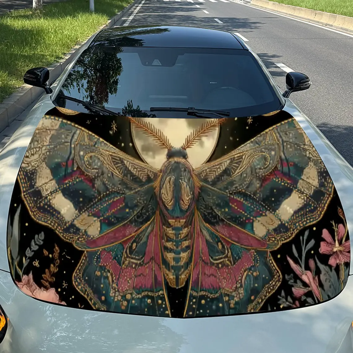 

Moth Under The Full Moon Durable Car Hood Stickers, Suitable for Most Vehicles, Ideal Gift, for Exterior Use, Vehicle Hood Prote