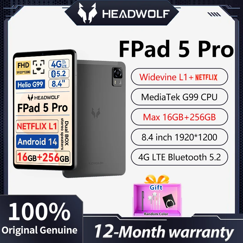 Nieuwe Headwolf Fpad5 Pro Android 14 Tablet Netflix L1 8.4-Inch Pad Helio G99 Max 16Gb Ram 256Gb 4G Lte Call Dual Speaker 5500Mah