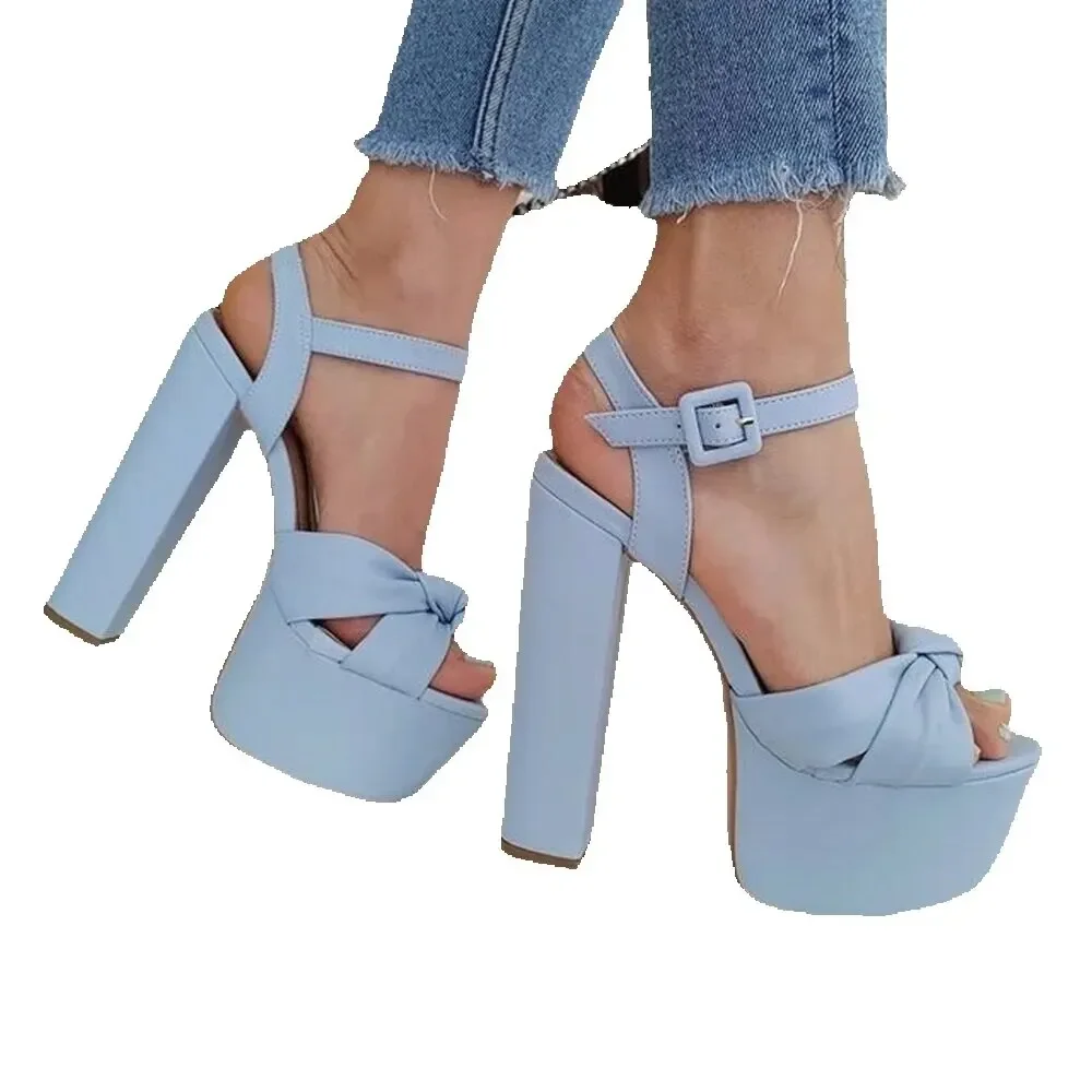 Surkova Chunky Heels Sky Blue White Platform Sandals Matte Leather Bow Knot Dress Shoes Square Buckle Strap Banquet Pumps Size52 - Image 5