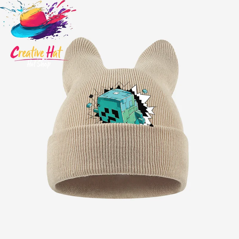 1‑3 Years Toddler Cat Ear Knit Cold Hat Game Block Pixel Character Print Kids Cute Knitted Beanie For Boys Girls view 6