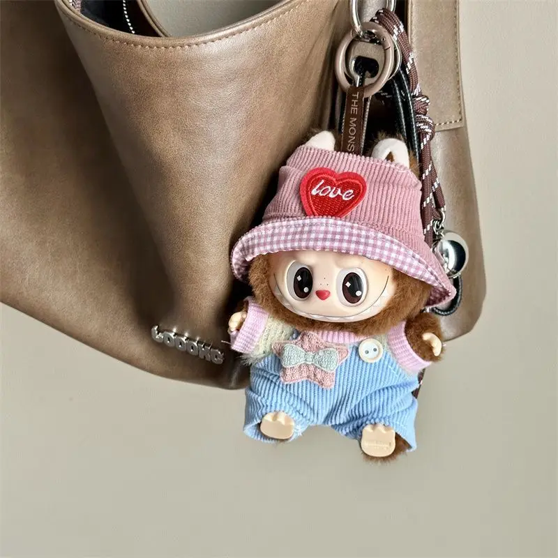 Süßes Outfit-Set für Labubu V1 V2 V3, Vinyl-Schlüsselanhänger, Overalls mit Fischerhut, bezaubernde Puppenkleidung zum Dekorieren