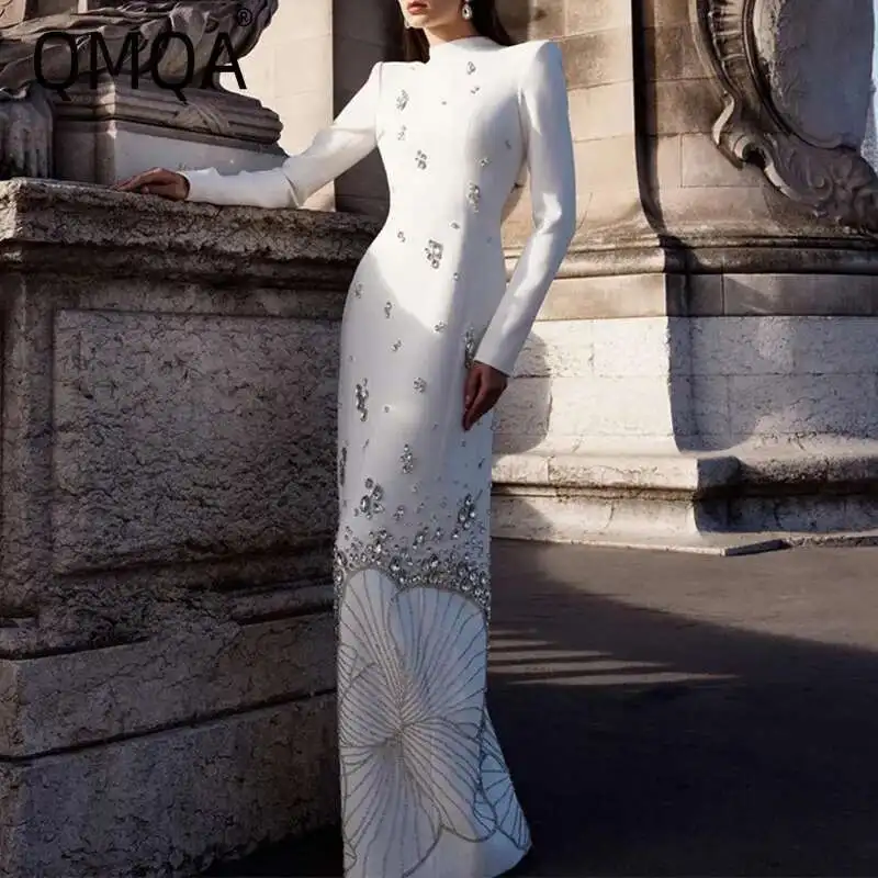 QMQA Fashion Women\'s Banquet Dresses Designer Nail Bead Diamond Spliced High Waist Slimming Evening Elegant 2025 Female New QM74