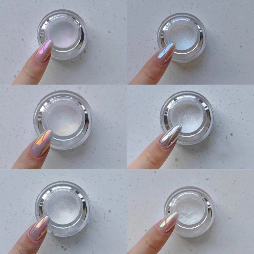 YZ 7 ألوان ضوء القمر الأبيض أورورا مرآة مسحوق لامعة اللؤلؤ الكروم فرك مسحوق معدني الفضة تأثير الليزر ضوء القمر مسحوق