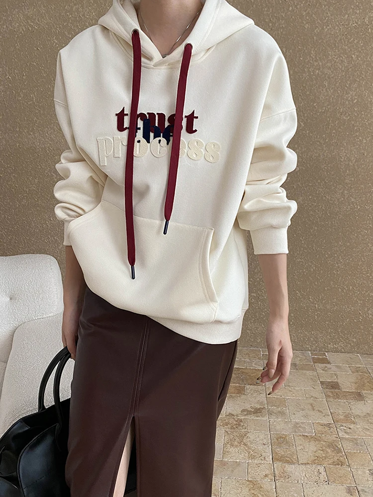 [LANMREM] Embroidery Design Pullover Sweatshirt Women Contrast Color Hooded Casual Loose Warm Female Tops 2024 Autumn New 26C647