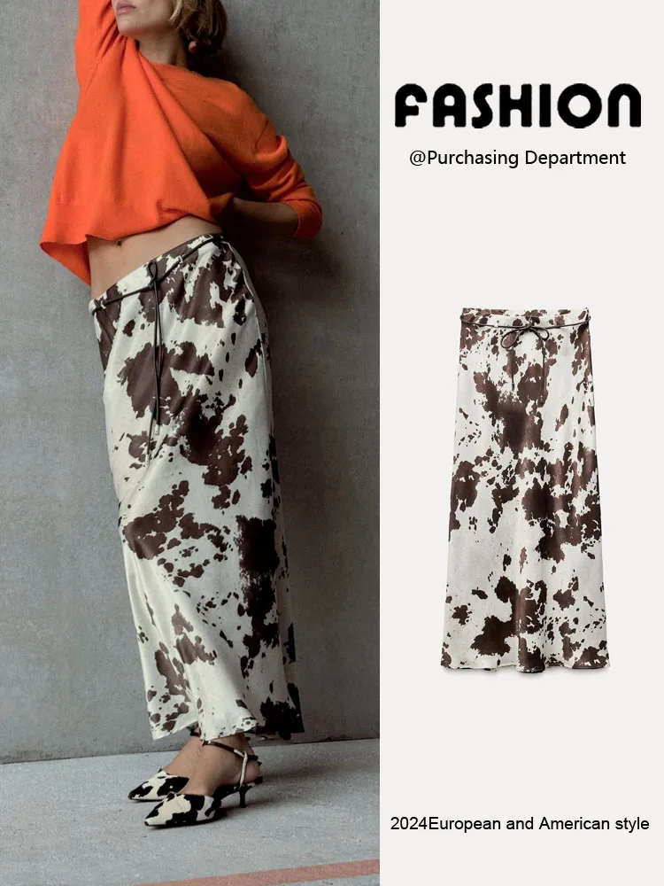 

Spring New Arrival Women's High Waist Silk Satin Animal Print fling Skirt Drapey Texture Commute Sle Midi Skirt