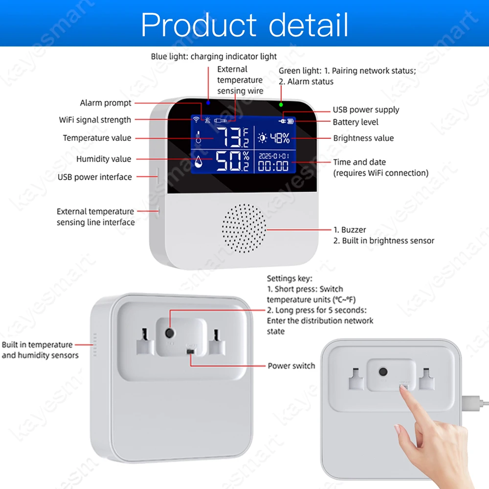 Tuya WiFi Temperature Humidity Sensor External Temperature Probe Smart Life Indoor Thermometer Hygrometer Meter Support Alexa