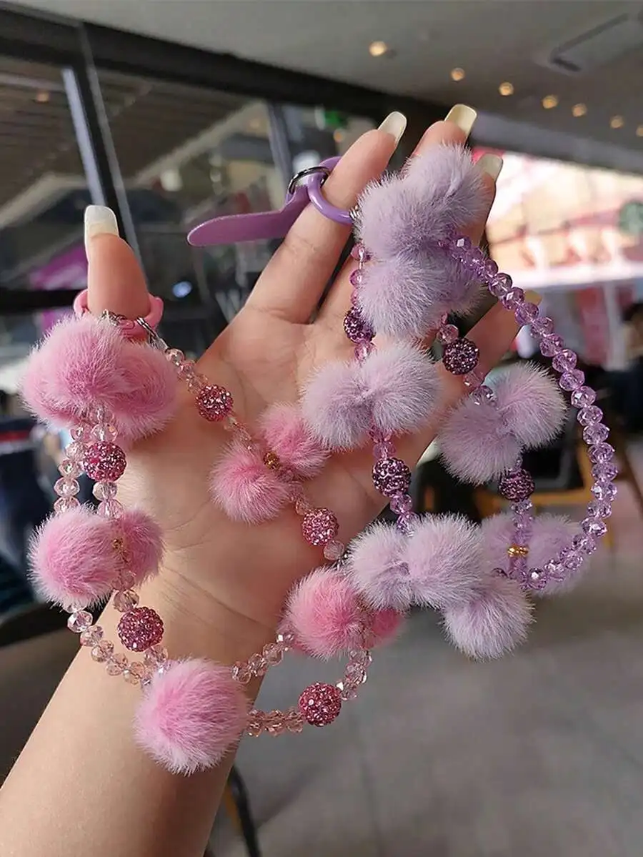 

1pc Furball Crystal Rhinestone Mobile Phone Chain For Women, Wristlet Charm For Outdoor, Travel, Party, Shopping, Short Phone La